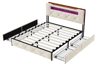Image de Lit avec tête de lit capitonnée - Lit double - 160 x 200 cm - 4 tiroirs - Sommier à lattes - Rangement intégré - Tête de lit LED - Beige