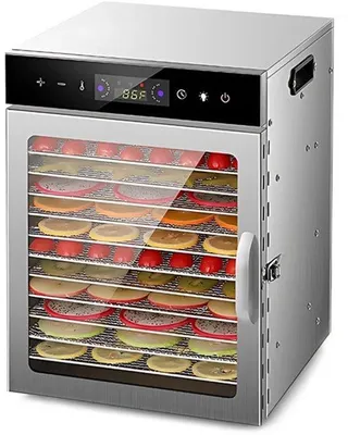 Zdjęcie produktu dla Suszarka do żywności - 12 półek - 800W - stal nierdzewna i szkło - cyfrowa regulacja temperatury - timer - do użytku domowego