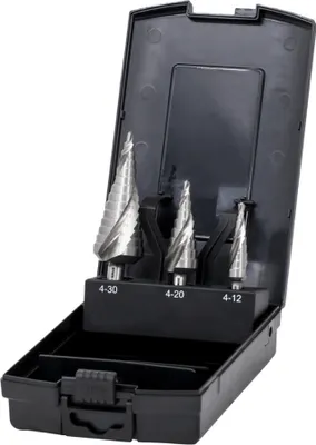 Produktbild von STIER Stufenbohrer Satz HSS-G 3-tlg. in Kassette, 4-12, 4-20, 4-30mm, Metallbohrer, Bohrerset