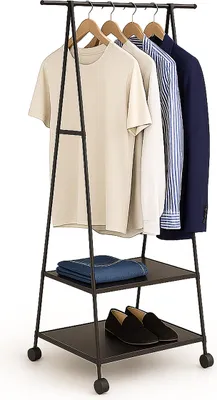 Produktbild von Relaxdays Kleiderständer, mit Rollen & 2 Ablagen, HxBxT: 160 x 55 x 42 cm, Metall, Vlies, Garderobenständer, schwarz