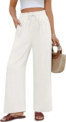 Imagen del producto de Pantalones de verano para mujer, de algodón y lino, con cintura alta, con bolsillos, confeccionados con un tejido ligero ideal para los días cálidos