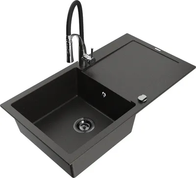 Produktbild von Mexen Leo 1 Becken-Granitspüle mit Abtropffläche und Mischbatterie Aster, Schwarz/Gold metallisch - 6501-75-73450-07-B