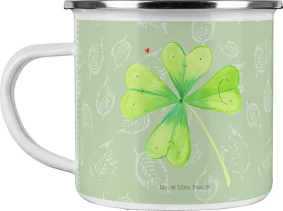Produktbild von Mr. & Mrs. Panda Emaille Tasse Blume Kleeblatt - Blattgrün - Geschenk, Reisebecher, Motivation, Glücksbringer, Neuanfang, Umzug, Pott, emaillebecher, Motivtasse, Teetasse