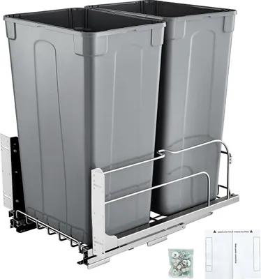 Zdjęcie produktu dla VEVOR wysuwany pojemnik na śmieci (50 Qt x2), podwójny pojemnik na śmieci do kuchni, kosz na śmieci z zestawem drzwi i suwakiem Soft-Close, do szafki kuchennej pod zlewem pod blatem (szary)