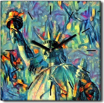 Produktbild von Coloray Uhr auf Leinwand 30x30 cm Wand Uhr Dekoration Wohnzimmer Segeltuch schwarze Hände -New York Freiheitsstatue