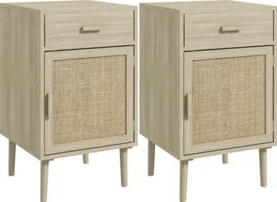 Produktbild von HOMCOM Set mit 2 Nachttischen, Nachttischen, Beistelltischen mit Rattan-Schublade und verstellbarer Ablage für Schlafzimmer, Wohnzimmer, 40 x 40 x 68,5 cm, Eiche