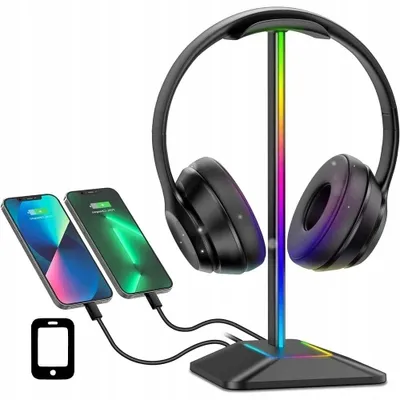 Productafbeelding van RGB-hoofdtelefoonstandaard, gaming-hoofdtelefoonhouder met LED-verlichting, headsetstandaard, decoratieve lamp voor op het bureau, PC-accessoire voor gamers, sfeerverlichting