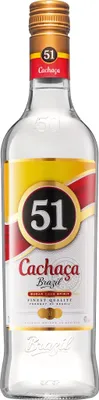 A clear product shot of a bottle of Cachaça 51.