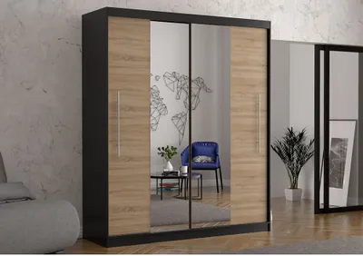 Produktbild von Schwebetürenschrank Kleiderschrank Schrank 204cm Schwarz/Sonoma mit zwei Spiegeln und LED Beleuchtung Torino