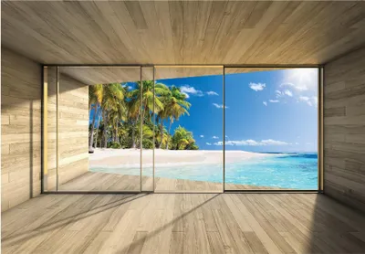 Produktbild von Vlies Fototapete Fenster 3D Effekt Strand Meer Natur Karibik (368x254 cm - inklusive kleister) Wohnzimmer Schlafzimmer Modern Wandtapete Motivtapeten XXL Tapete Vliestapete UV-Beständig Montagefertig