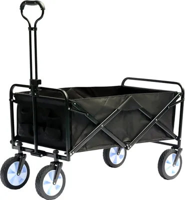 A black foldable wagon with blue wheels against a white background.
