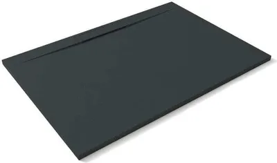 A dark gray, rectangular shower tray is shown from a slightly elevated angle against a white background.