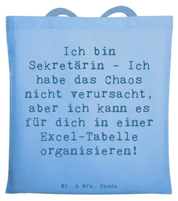 Produktbild von Mr. & Mrs. Panda Schultasche Spruch Sekretärin Ordnung - Sky Blue - Geschenk, Tote Bag, Berufsgestaltung, Beruf, Termine, Beutel, Organisationsprofi, Berufspassion