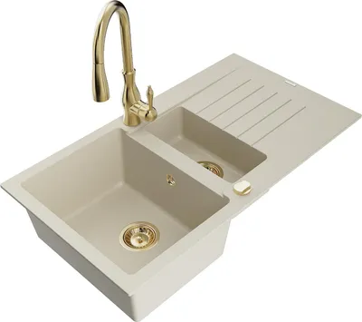 Produktbild von Mexen Matias 1,5-Becken-Granitspüle mit Abtropffläche und Mischbatterie Savita, Beige - 6502-69-672601-50
