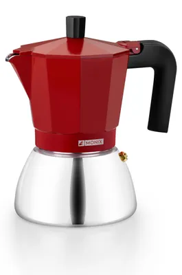 Produktbild von Monix M863106, Mokka-Kanne, 0,37 l, Rot, Aluminium, Edelstahl, 6 Tassen, Bakelit