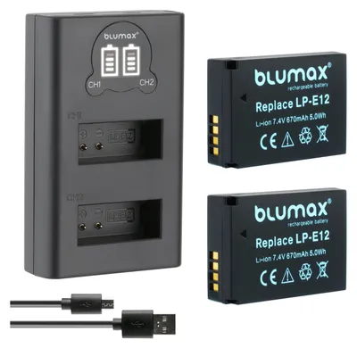 Produktbild von 2x Akku + LCD Lader für Canon LP-E12 EOS ,M200,M100, M50,EOS 100D 670 mAh (7,2V)