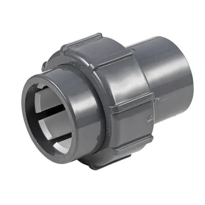 A gray PVC union fitting with a threaded connection on one side and a socket connection on the other.