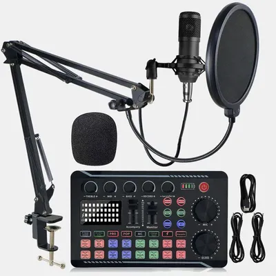 Immagine prodotto di AIORBER Set di microfoni professionali per podcast con mixer, microfono a condensatore, interfaccia audio, asta microfonica, nero
