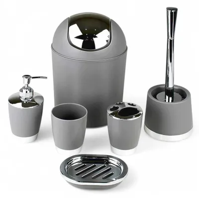 Image de Ensemble de salle de bain 6 pièces comprenant un distributeur de savon et une brosse pour toilettes, de couleur grise