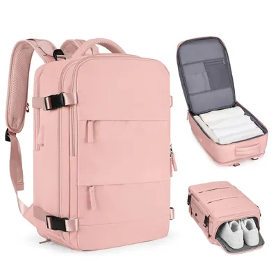 Produktbild von Großer Reiserucksack, wasserdichter Anti-Diebstahl-Laptoprucksack, mit USB-Anschluss, Schuhfach, Horizontaler Reißverschluss, Rosa