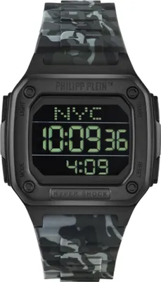 A digital watch with a camouflage strap.