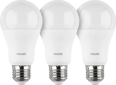 Three Philips LED light bulbs are arranged side-by-side against a white background.