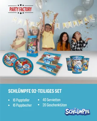 Produktbild von Die Schlümpfe 92-tlg. Party Set – Deko mit Bechern Tellern Servietten Tüten
