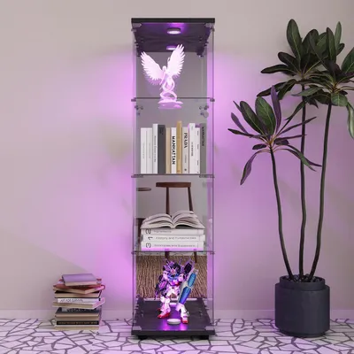 Image de Vitrine en verre avec éclairage LED et miroir, 4 étagères, 1 porte, couleur noire