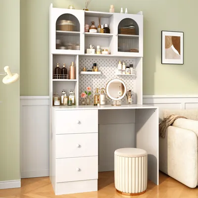 Produktbild von MODFU Multifunktionaler Schreibtisch mit Vitrine, Pinnwand und 3 Schubladen – Moderner Computertisch mit Bücherregal und Stauraum,Aufbewahrungsschrank,100×55×180cmWeiß