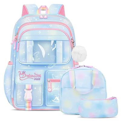 Image de Ensemble de sac à dos pour l'école 3 en 1 pour filles, avec sac à lunch et trousse, couleur bleue
