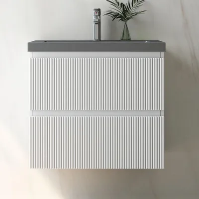 Produktbild von Waschtisch mit Unterschrank 60cm BOKAV Badmöbel Set Weiß Waschbecken Dunklegrau mit Unterschrank Softclose