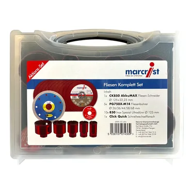 Produktbild von Marcrist Fliesen Komplett Set 125 mm + 1x Fliesenschneider + 5x Fliesenbohrer + 10x Inox Trennscheibe + 1x Schnellwechselflansch  ( 3999.101.354 ) + Koffer
