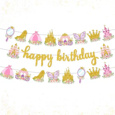 Productafbeelding van Prinsessenfeest-banner, guirlande, roze, paars, wit, voor decoratie van een verjaardagsfeest