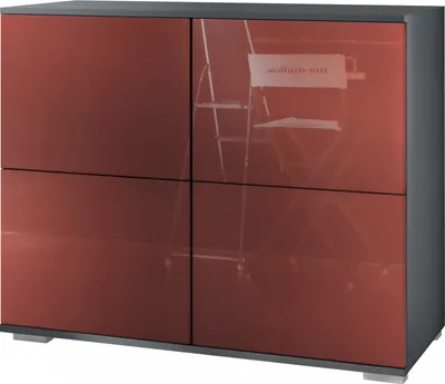 A modern sideboard with four doors, reflecting a ladder and a chair.