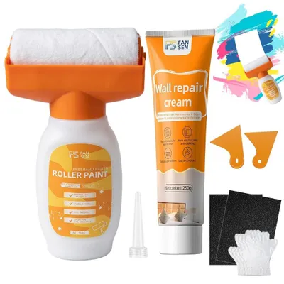 Image de Rouleau de peinture blanc pour réparations murales, avec gants
