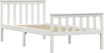 A white wooden bed frame with a slatted base, shown from a side angle against a white background.