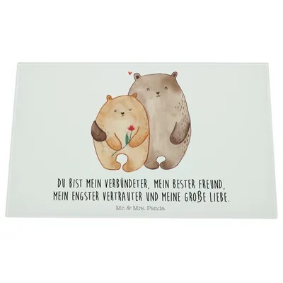 Produktbild von Mr. & Mrs. Panda Glas Schneideplatte Bären Liebe - Weiß - Geschenk, Kuscheln, Umarmung, Hochzeitstag, Freundin, Hackbrett, Schneidplatte, Schneidebrett Aus, schneidbrett