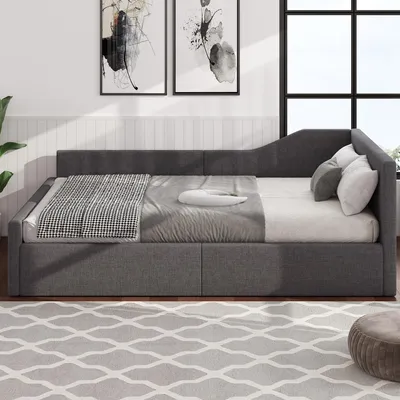 Immagine prodotto di okwish Letto pieghevole 140x200 letto da giorno con spazio di stoccaggio sotto il letto, letto per bambini con telaio in legno, letto aggiuntivo imbottito senza materasso, tessuto di lino, grigio