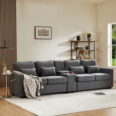 Image de MERAX Canapé 4 places avec poches latérales et porte-gobelet Canapé XXL avec USB,Chaiselounge,Meuble rembourré avec coussins décoratifs