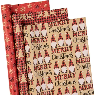 Productafbeelding van Kerstcadeaupapierrollen, 43,2 cm x 3 meter, set van 3, met kerstmotieven: kerstman, rendier, sneeuwvlok, kraftpapier