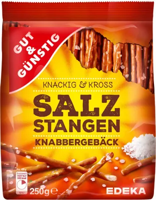 Produktbild von Gut & Günstig Salzstangen Knabbergebäck Knackig & Cross mit Meersalz 6er Pack (6x250g Packung) + usy Block