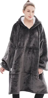 Produktbild von Unyqoos® Hoodie-Fleecedecke mit Ärmeln – Oversized Fleece-Hoodie mit Sherpa-Futter, extra dick 1450 g, One Size, Grau, große Kapuze & Tasche