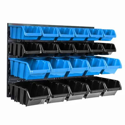 Image de Panneau à outils mural 57,6 x 39 cm avec 22 pcs. Boîtes suspendues Boîtes empilables bleues et noires