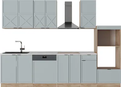 Produktbild von Küchenzeile Vicco Fame-Line Hellblau-grau/Goldkraft Eiche 300 cm mit Hochschrank, ohne Arbeitsplatte, Model 51185