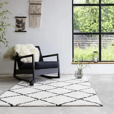 Produktbild von Volero - Teppich Hochflor Quadrat - Grand Lines Creme Schwarz - 200x200 cm - Wohnzimmer, Esszimmer, Schlafzimmer - Industrielle, Ländlich, Modern