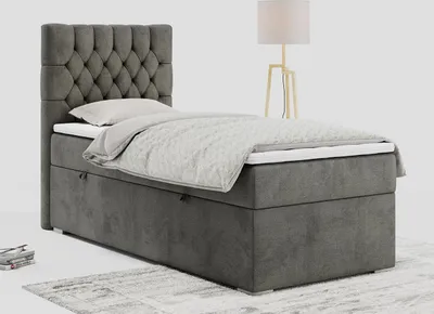 Produktbild von Einzelbett - Boxspringbett 90x200 mit Bettkasten und Matratzentopper - PERA 90 - links - Dunkelgrau - H3