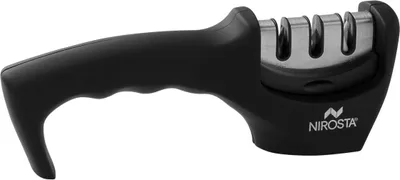 Produktbild von NIROSTA Messerschärfer Quick-Sharp, hochwertiger Universal Messerschleifer, Schärfen & Polieren, Präzisions-Schärfen in 3 Stufen, ergonomischer Soft-Touch-Griff (Farbe: Schwarz)