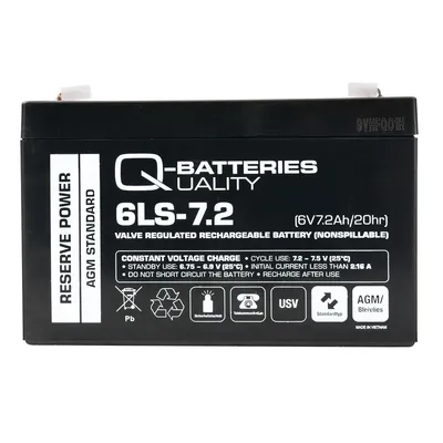 A black battery with white text and logos on a white background.