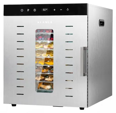 Produktbild von KLAMER Dörrautomat Edelstahl XXL 1000W, 24h-Timer und 30-90°C Temperaturregler, 10 höhenverstellbare Einlegefächer, Trockner mit Edelstahlverkleidung, BPA frei