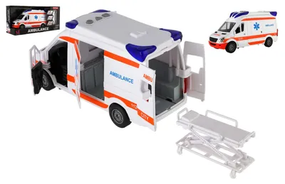 Zdjęcie produktu dla Samochód ratunkowy z funkcją noszy, napędzany kołem zamachowym, ze światłem i dźwiękiem, w pudełku o wymiarach 37x18x11,5 cm